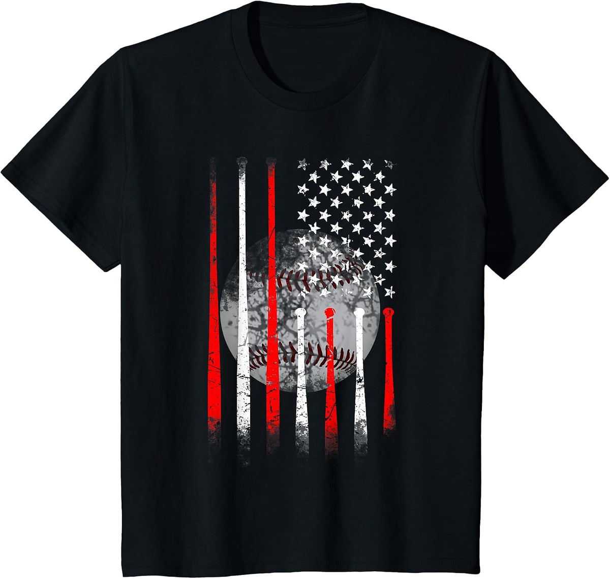 Baseball USA Flag American Flag Vintage T-Shirt - Black
