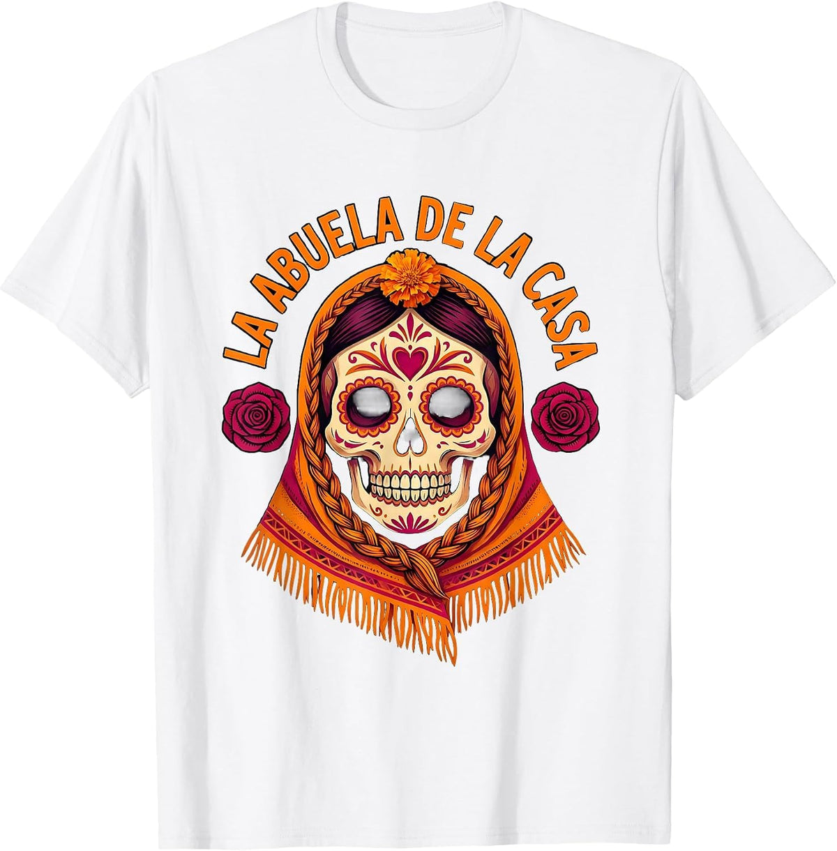 Men's La Abuela de la Casa Day of the Dead Sugar Skull Folk Art T-Shirt - White