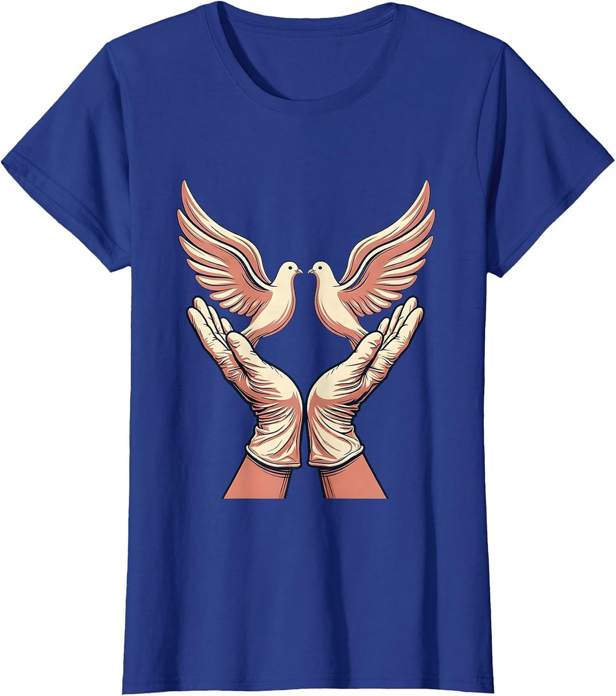 Women's Nurse Surgical Gloves Releasing Doves Graphic T-Shirt - Royal Blue