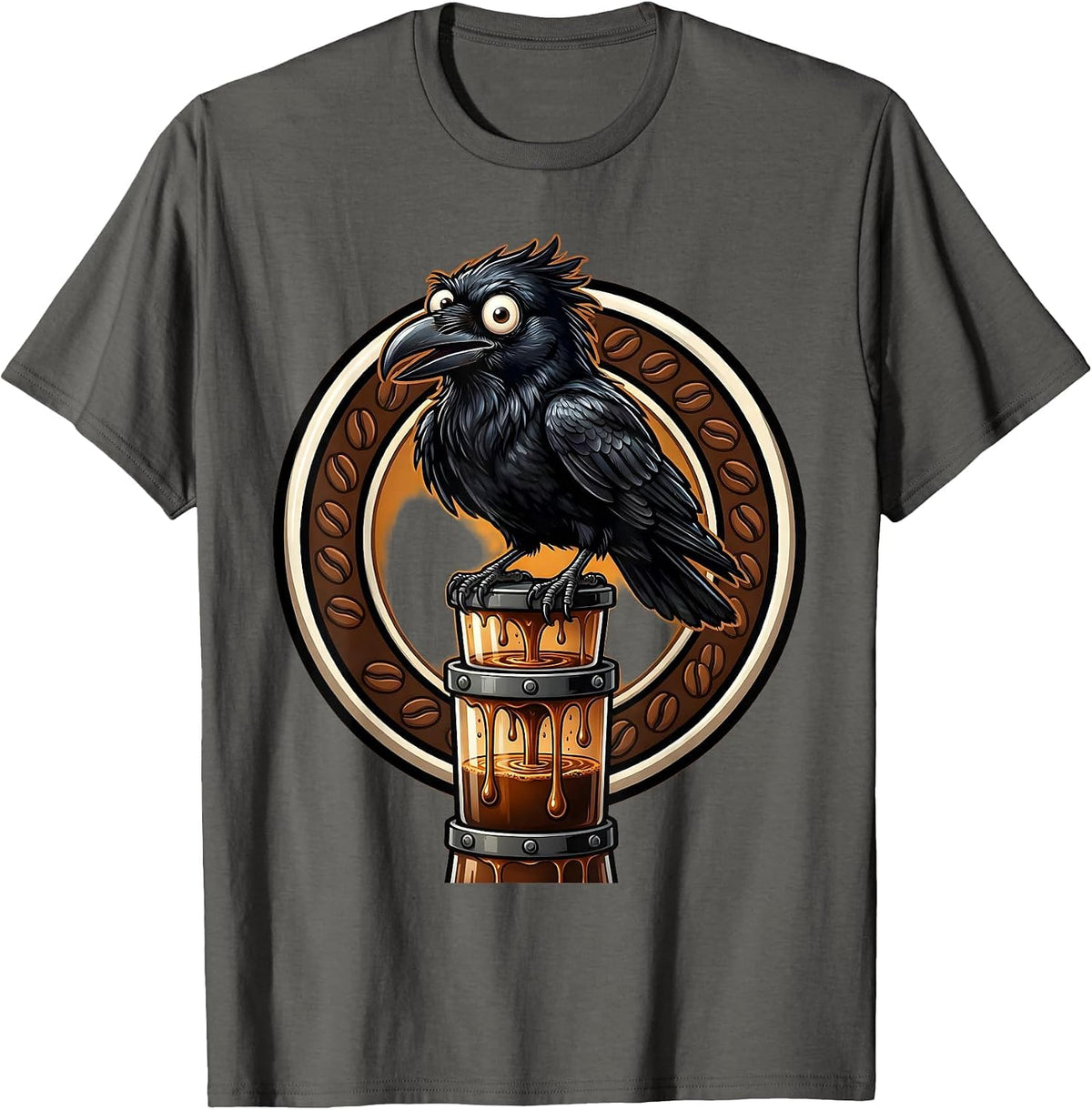Crow Perched on Drip Coffee Tower Illustration T-Shirt - Asphalt Grey