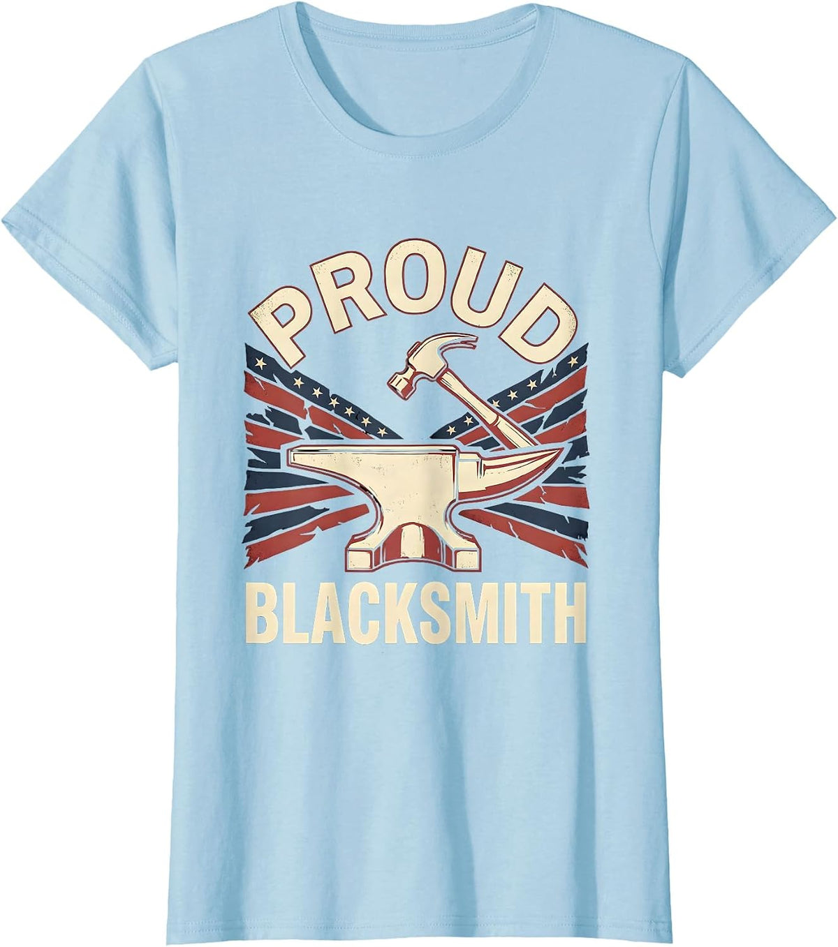 Women's Proud Blacksmith Patriotic Anvil Hammer American Flag T-Shirt - Baby Blue