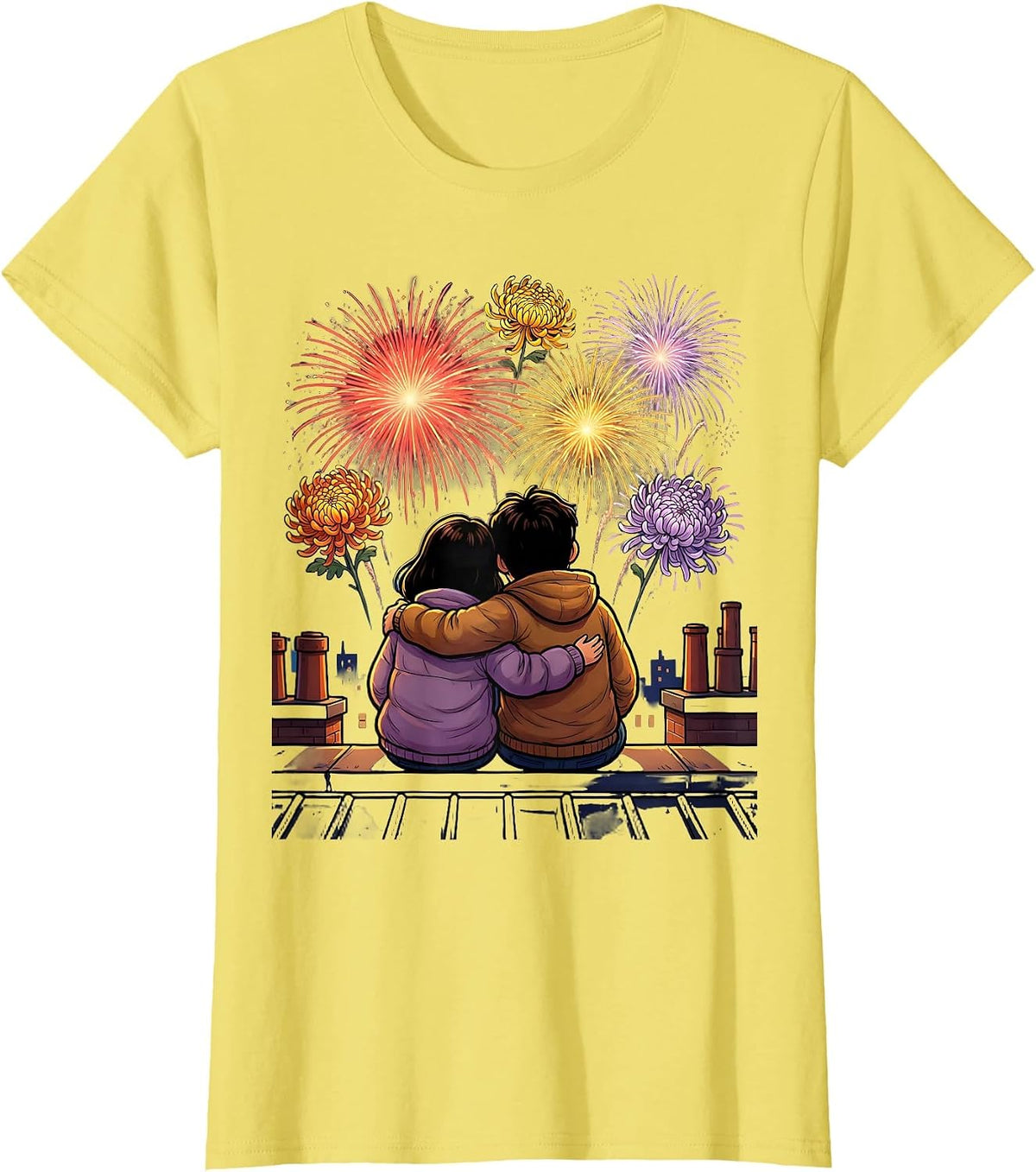 Rooftop Fireworks Couple Romantic Love Design T-Shirt - Lemon Yellow