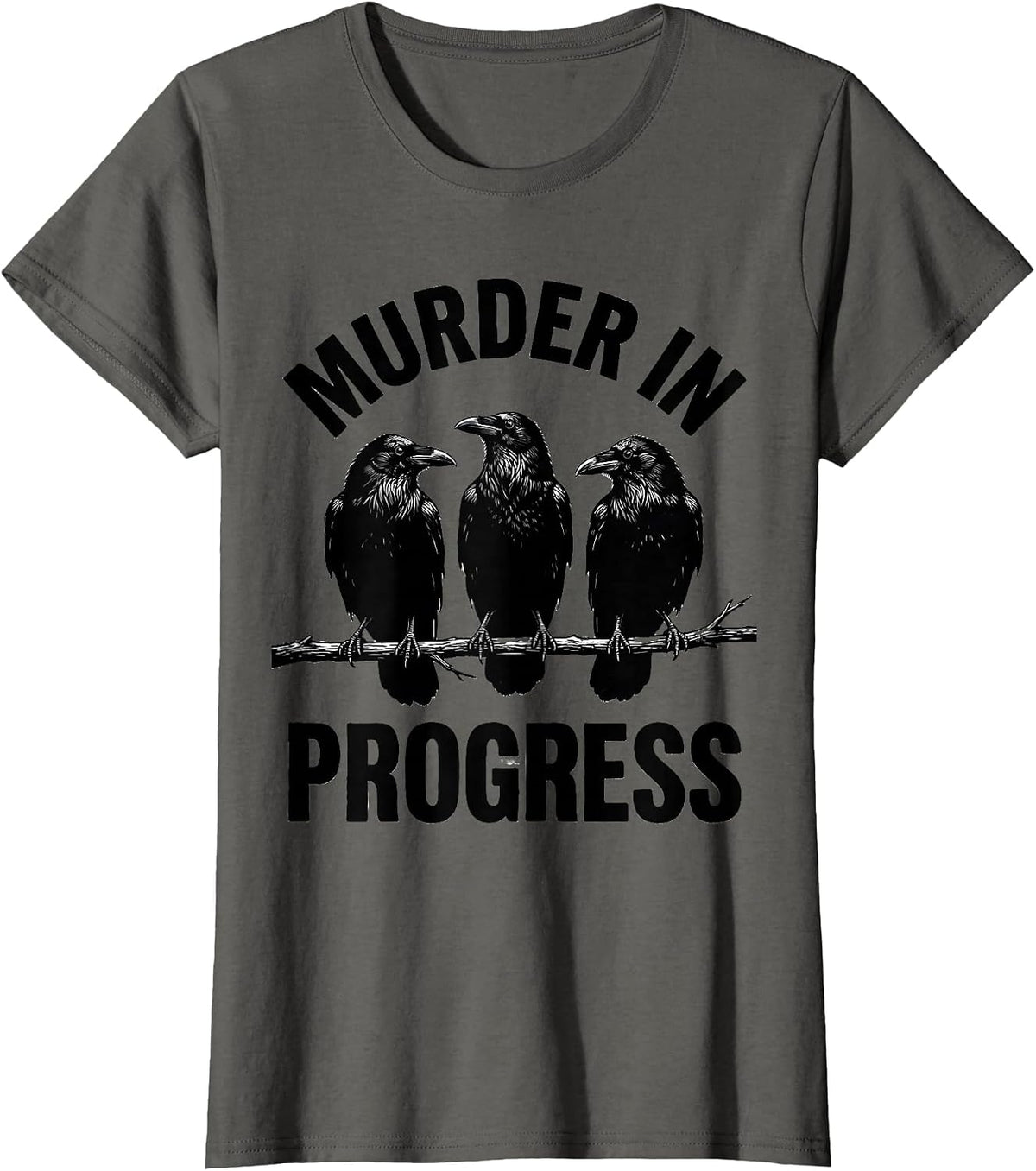 Women's Murder In Progress Funny Crow Lover Dark Humor Bird Watcher T-Shirt - Asphalt Grey