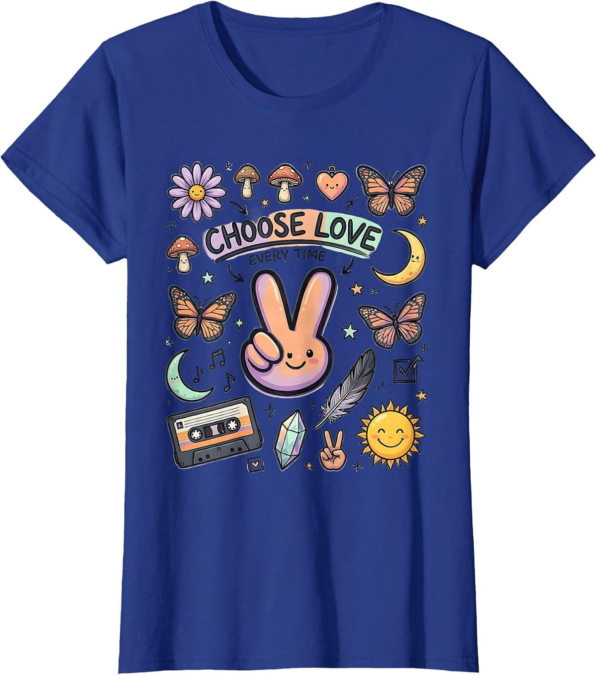 Women's Choose Love Every Time Hippie Boho Design T-Shirt - Royal Blue