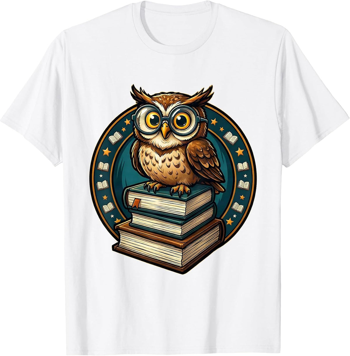 Men's Reading Teacher Owl Perched on Stack of Books T-Shirt - White