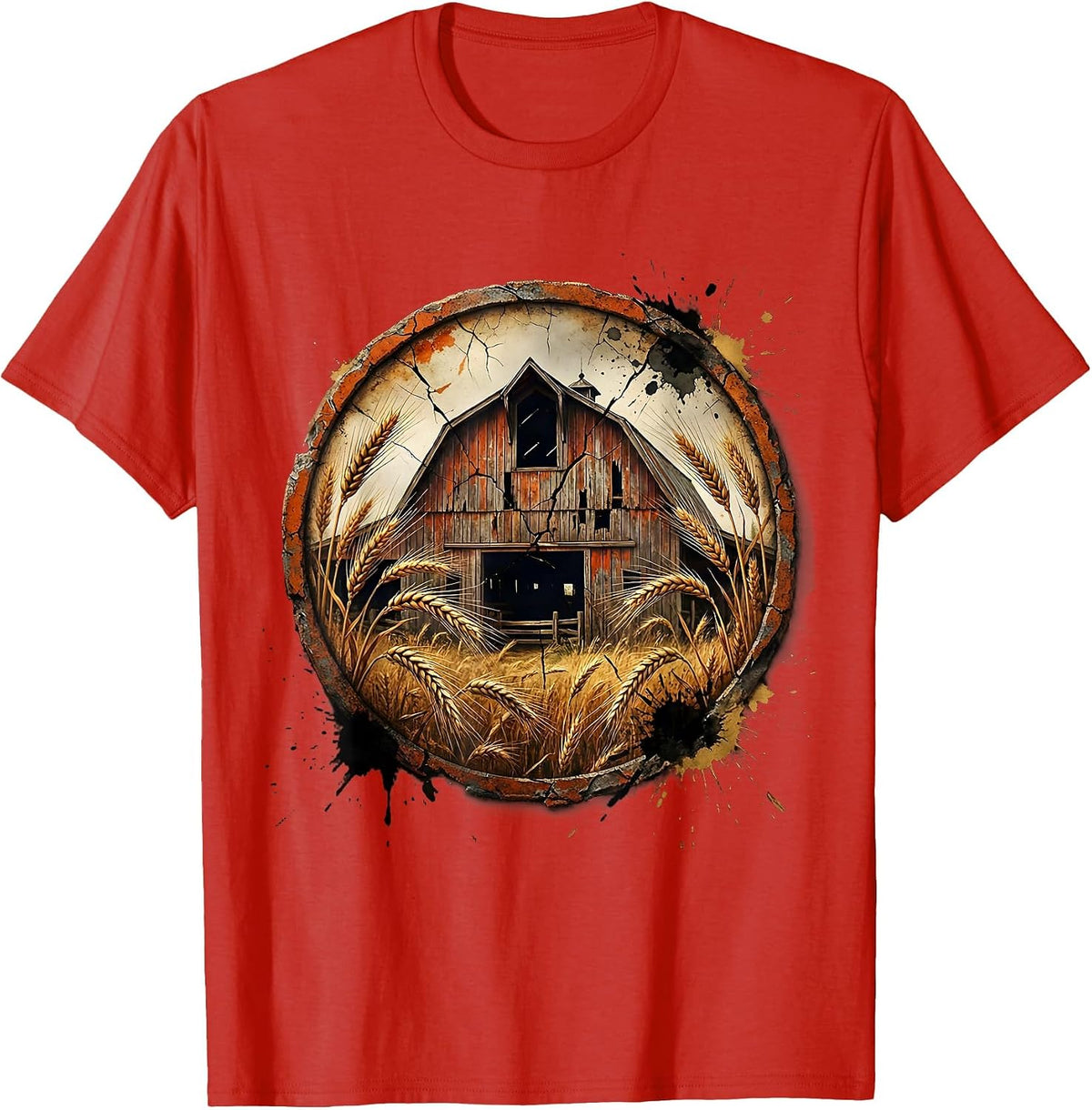 Men's Weathered Barn Wheat Field Rustic Farmland Art T-Shirt - Red