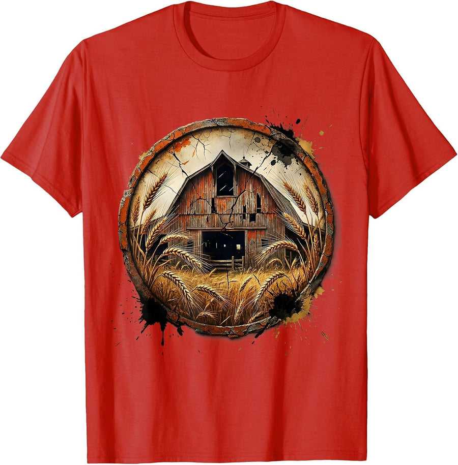 Men's Weathered Barn Wheat Field Rustic Farmland Art T-Shirt - Red