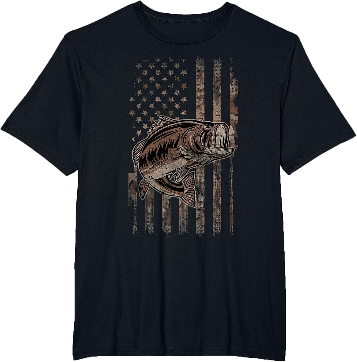 Camo American Flag Fishing - for Largemouth Bass Fisher T-Shirt - Black
