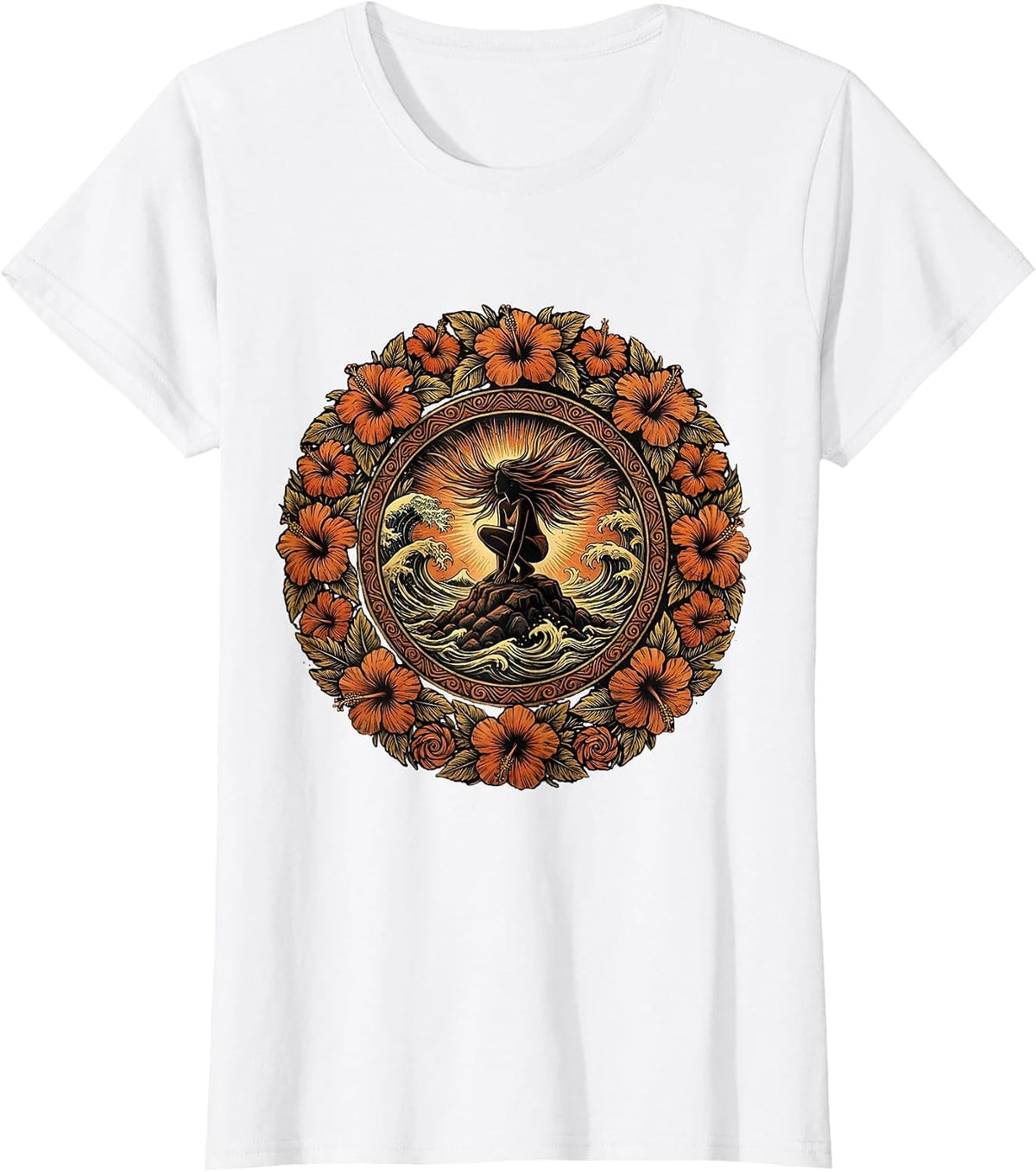 Hawaiian Girl Climbing Lava Rock Ocean Waves T-Shirt - White