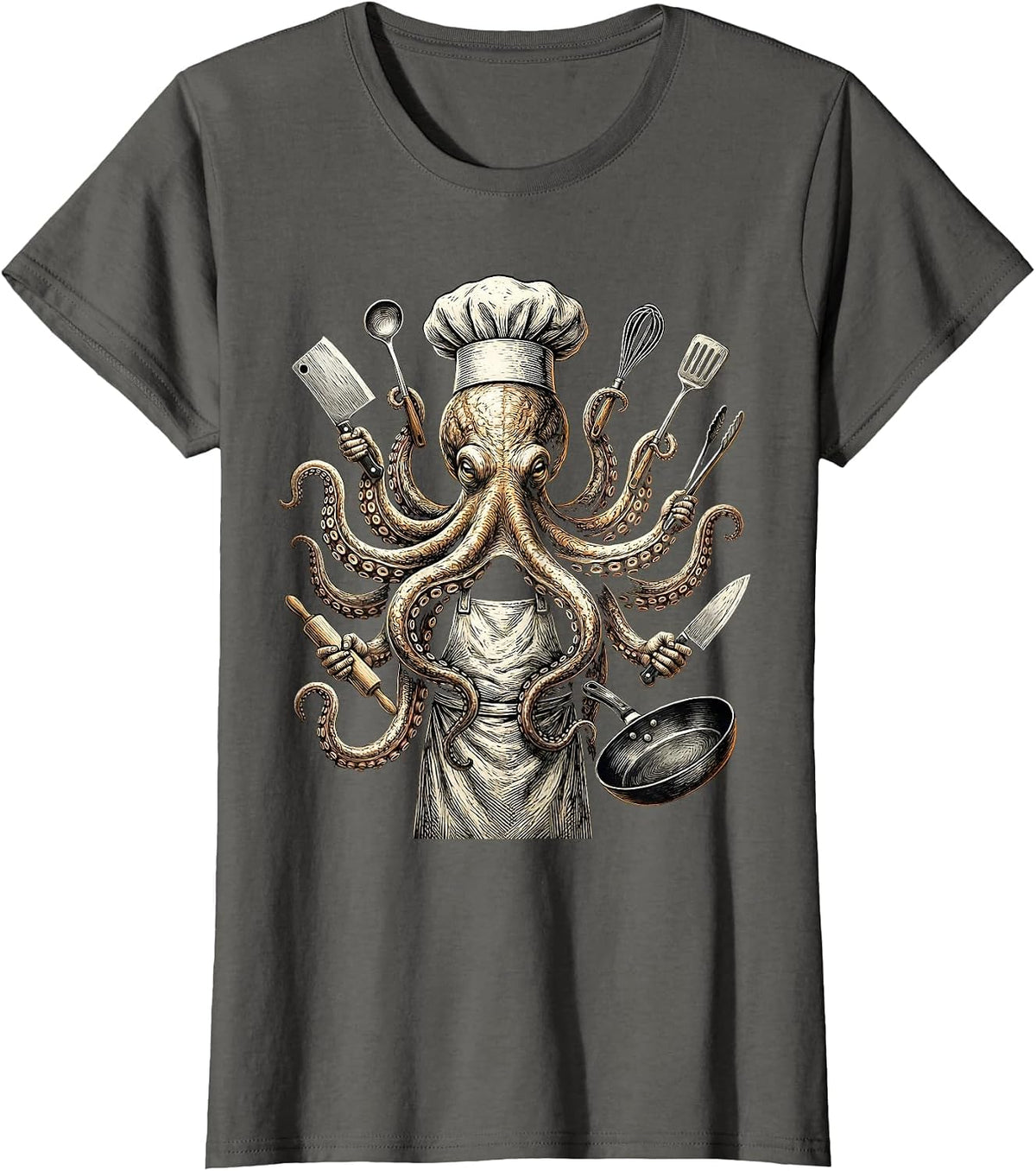 Women's Octopus Chef Holding Eight Kitchen Tools T-Shirt - Asphalt Grey