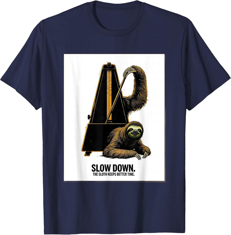 Slow Down. The Sloth Keeps Better Time Funny T-Shirt - Navy Blue