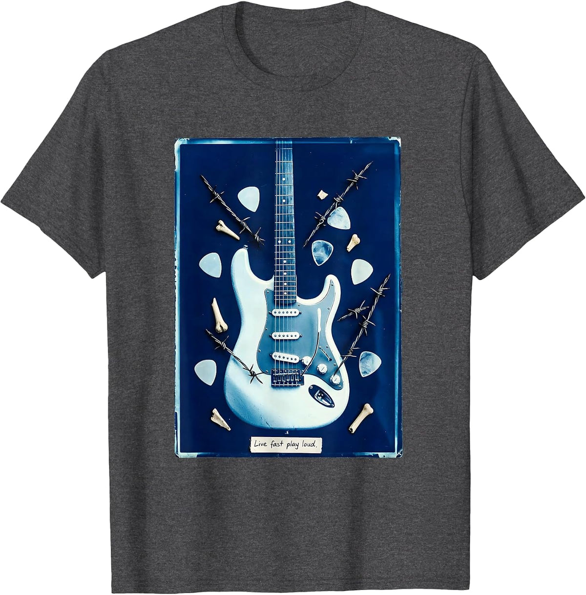 Live Fast Play Loud Metal Band Graphic Design T-Shirt - Dark Heather Grey