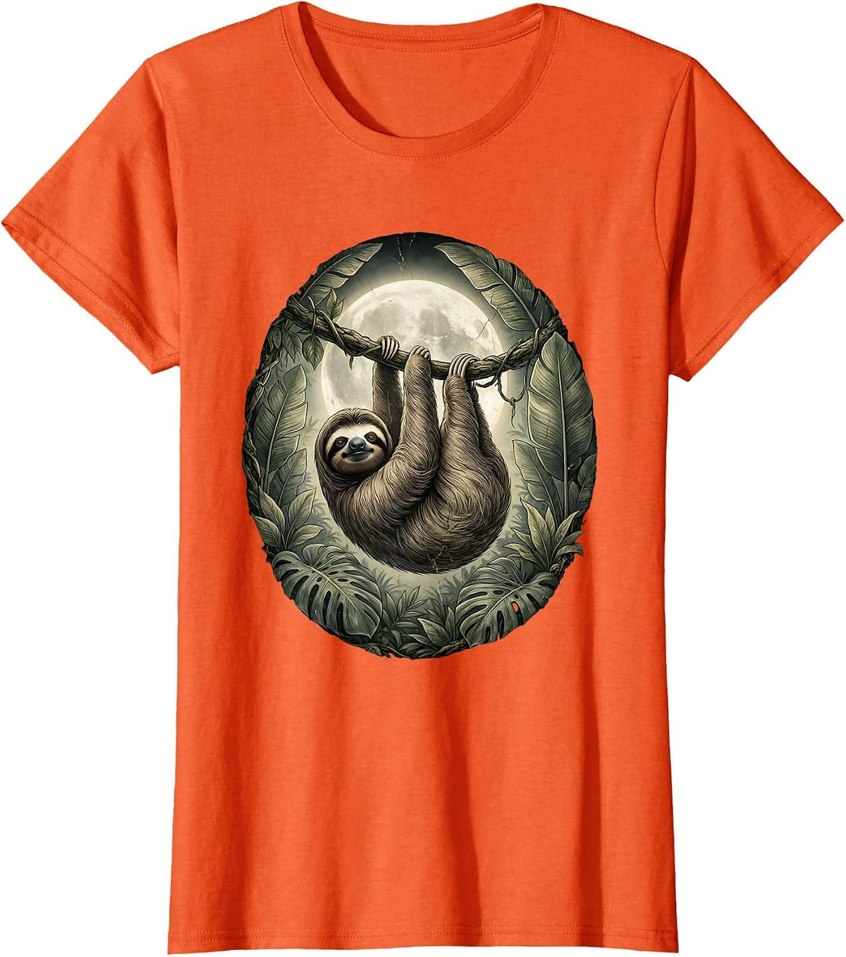 Women's Sloth Hanging from Moonlit Jungle Vine T-Shirt - Orange