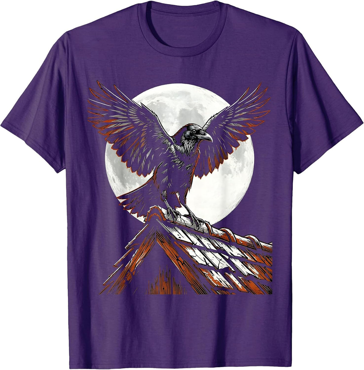 Men's Crow With Spread Wings Over Rooftop Graphic T-Shirt - Purple