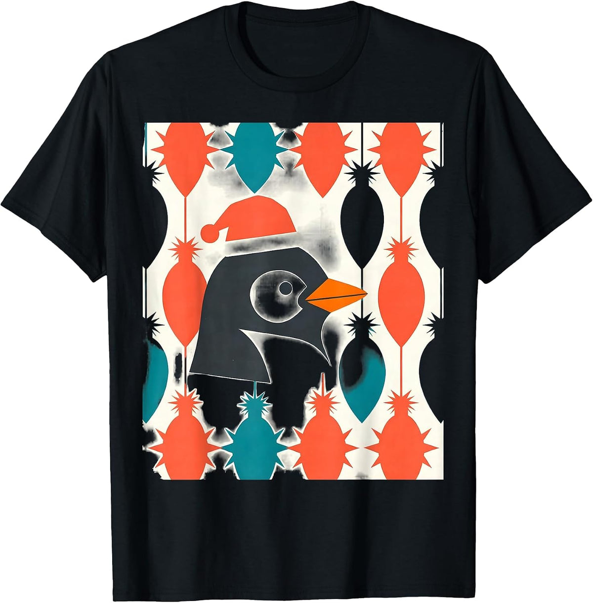 Men's Penguin Santa Hat Midcentury Modern Christmas Animal Lover T-Shirt - Black