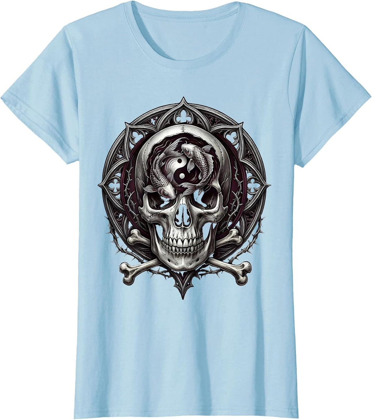 Skull Koi Fish Zen Art Graphic Design T-Shirt - Baby Blue