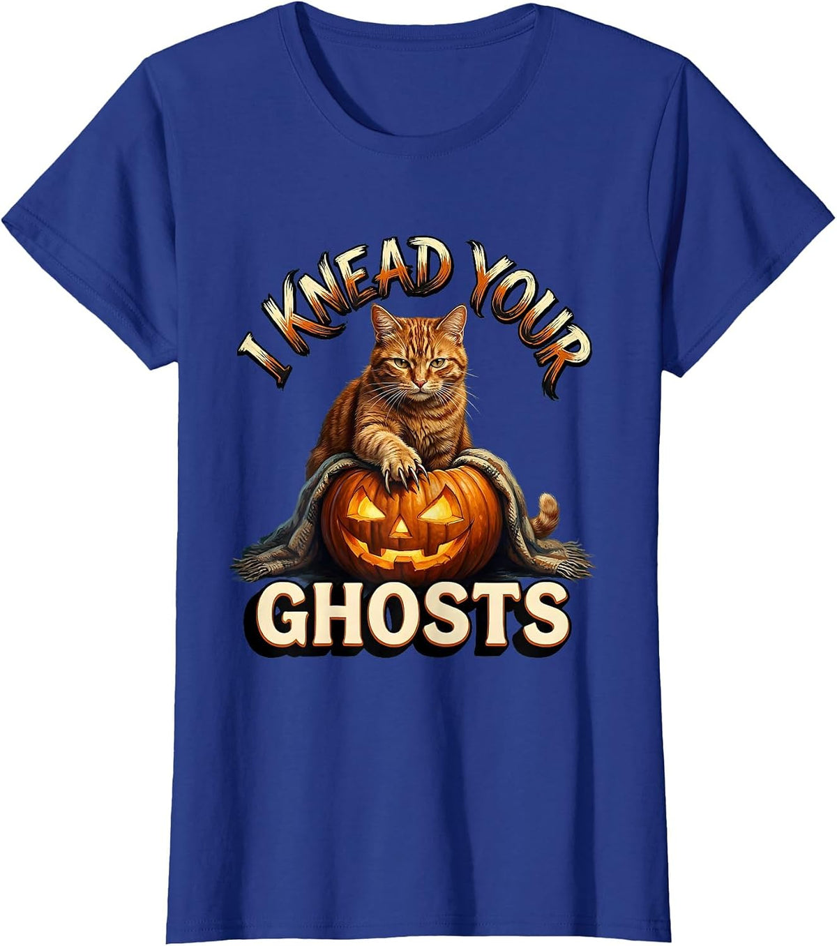 Women's I Knead Your Ghosts Cute Halloween Cat Pumpkin Sign Painter T-Shirt - Royal Blue