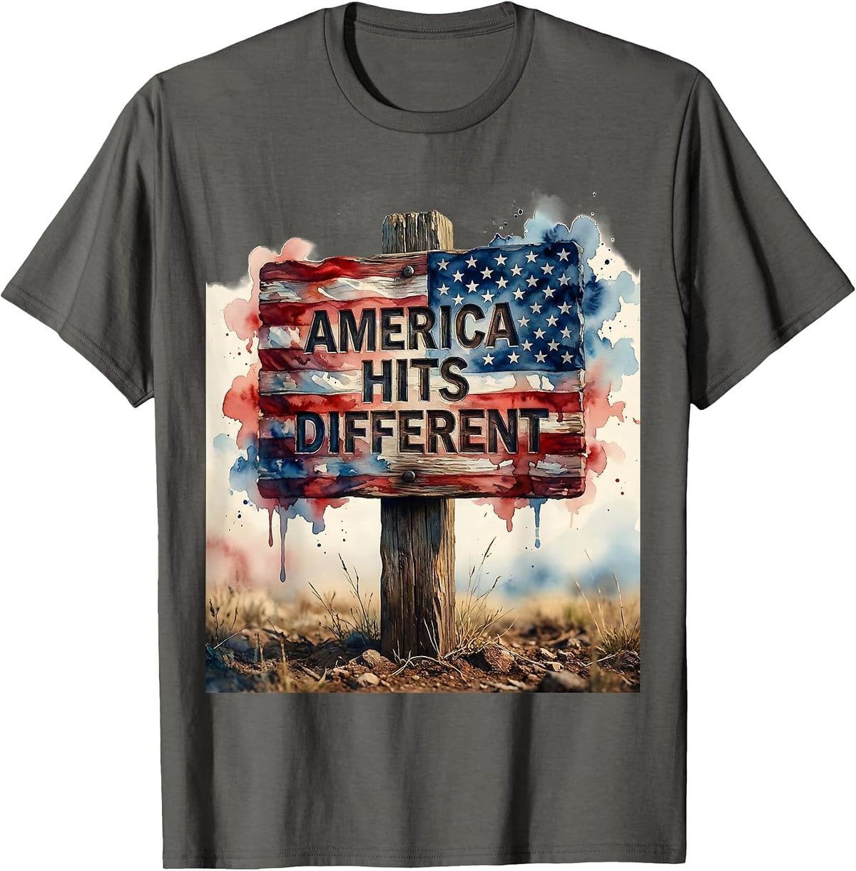 America Hits Different Patriotic USA Design T-Shirt - Asphalt Grey