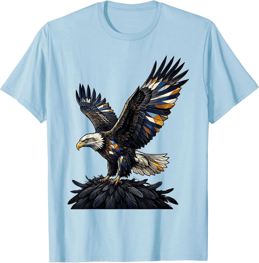 Men's Bald Eagle Stained Glass Mosaic Christian Faith Gift T-Shirt - Baby Blue