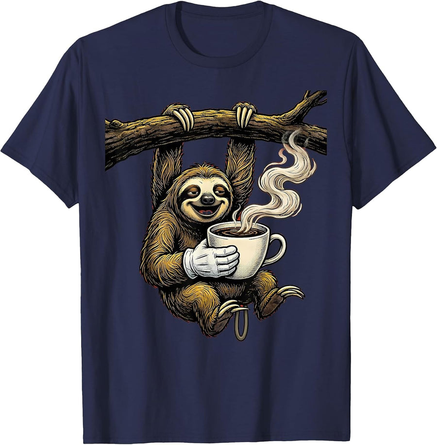 Funny Sloth Hanging Upside Down With Coffee T-Shirt - Navy Blue