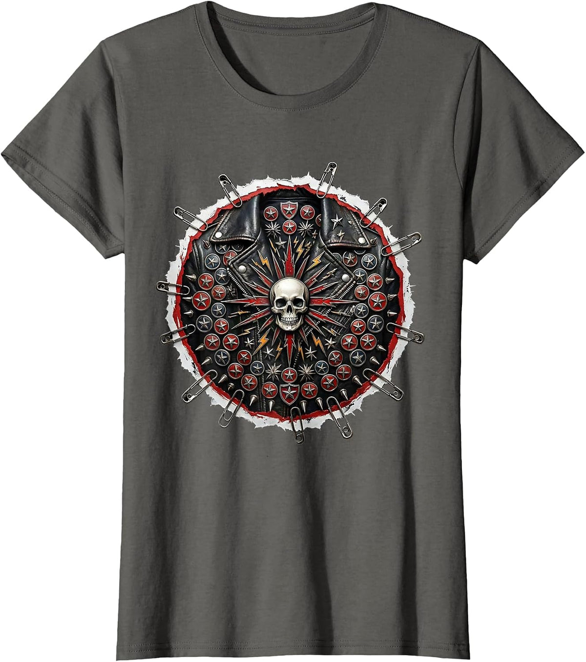Women's 80s Metal Band Pins Leather Jacket Graphic T-Shirt - Asphalt Grey