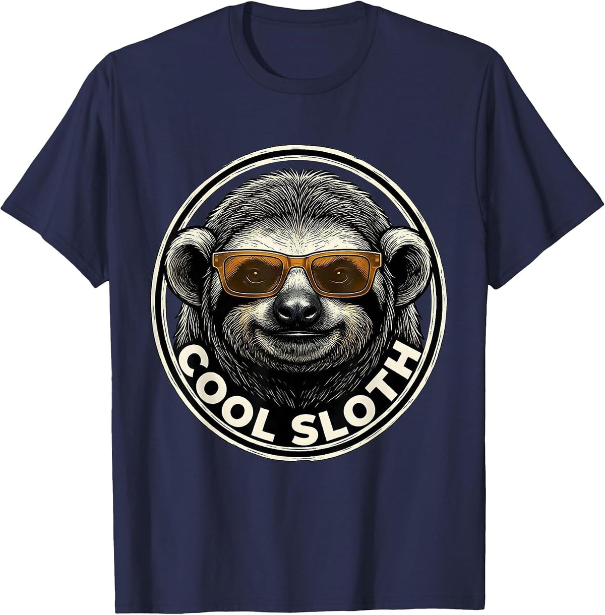Cool Sloth Woodcut Engraving Funny Animal Humor T-Shirt - Navy Blue