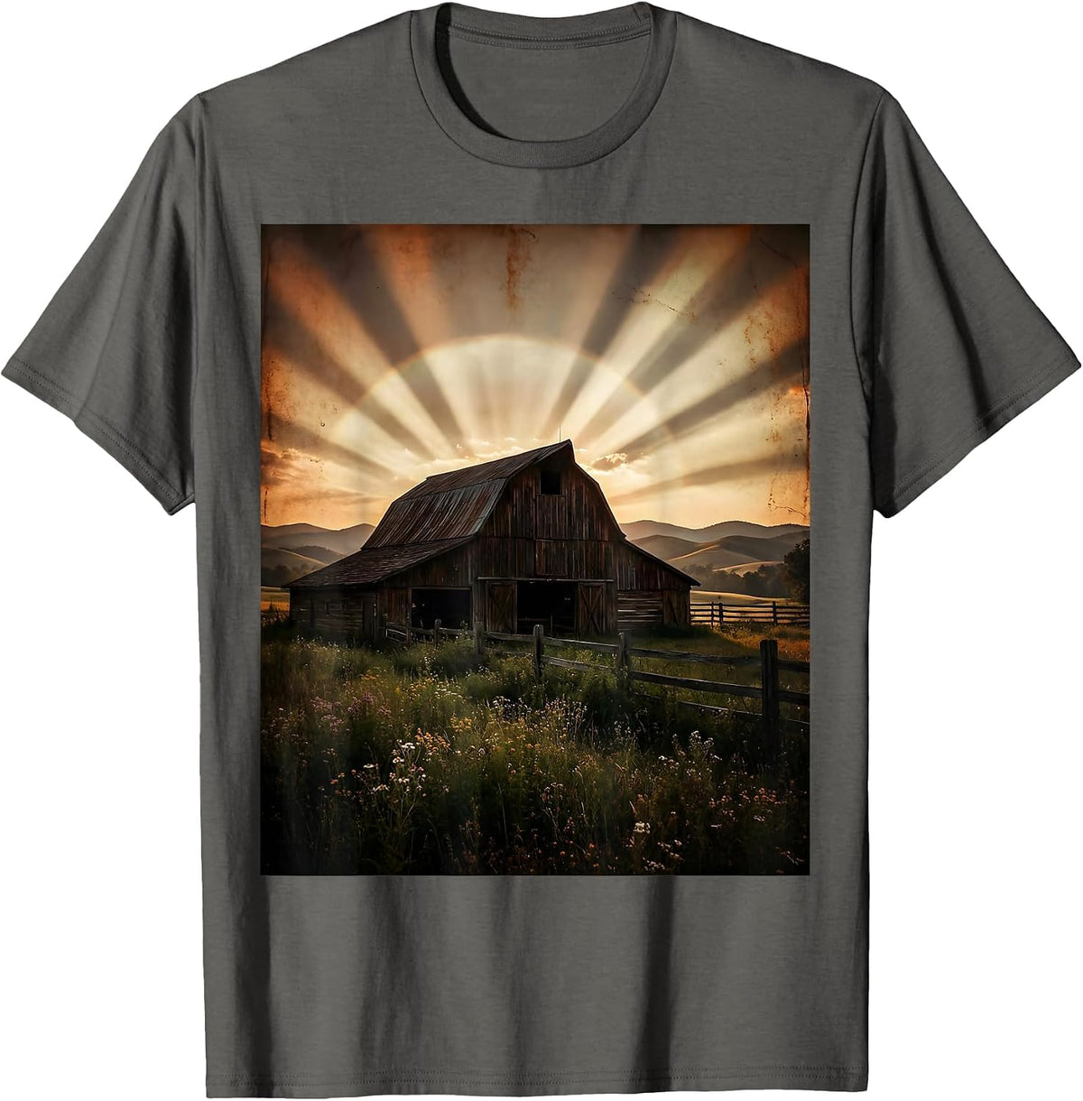 Barn at Dusk Rolling Hills Scenic Illustration T-Shirt - Asphalt Grey