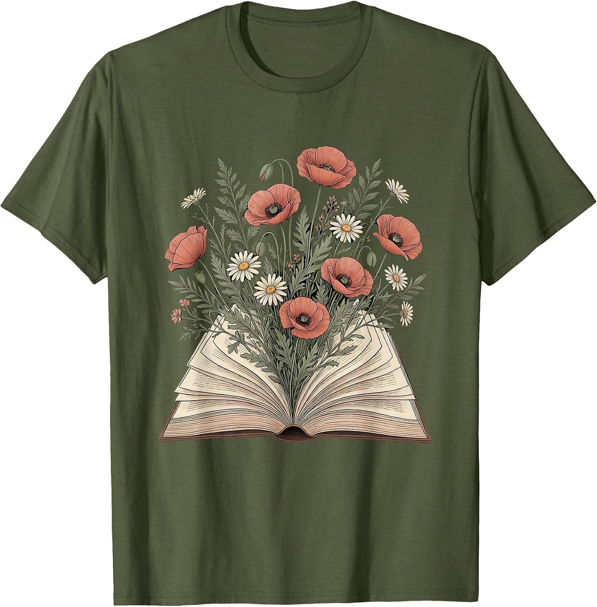 Floral Open Book Blooming Pages Illustration T-Shirt - Olive Green