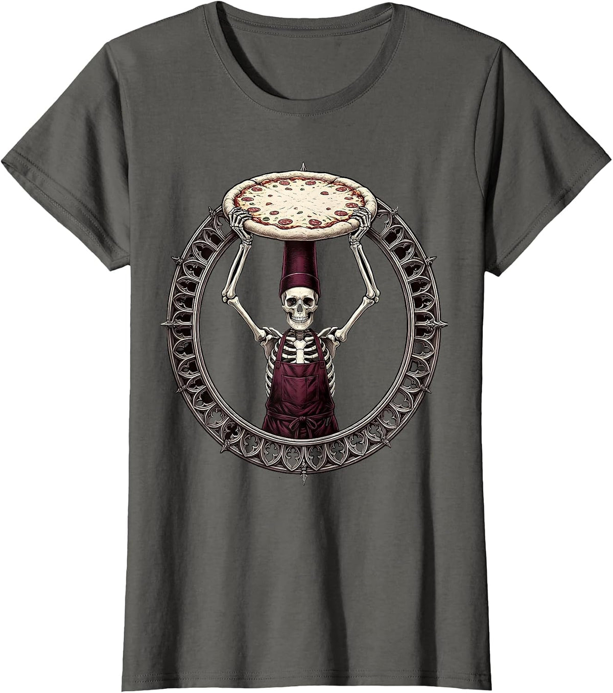 Women's Skeleton Chef Tossing Pizza Dough Illustration T-Shirt - Asphalt Grey