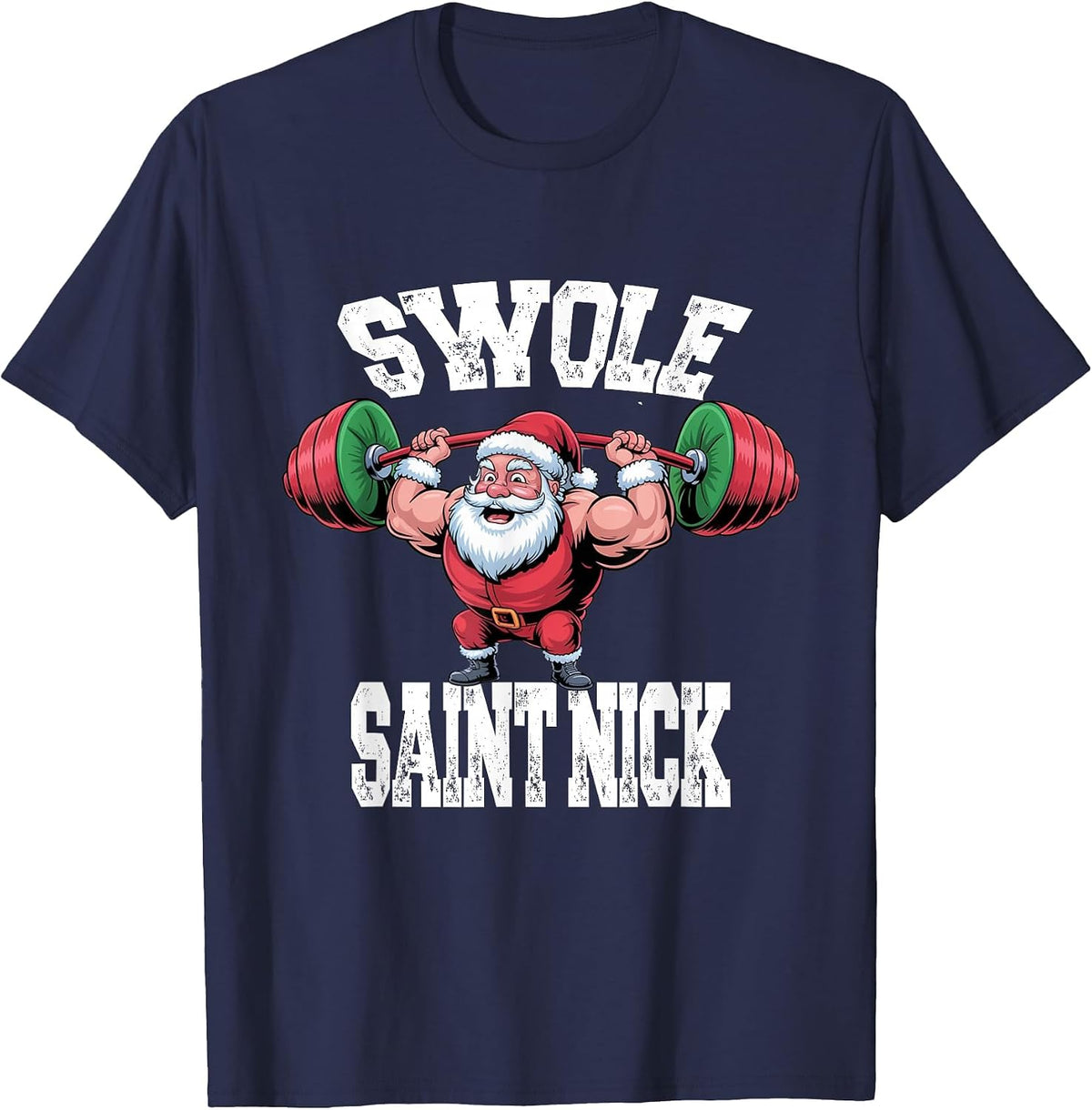 Weight Lifting Santa Claus Swole Saint Nick Pun Gym Joke T-Shirt - Navy Blue