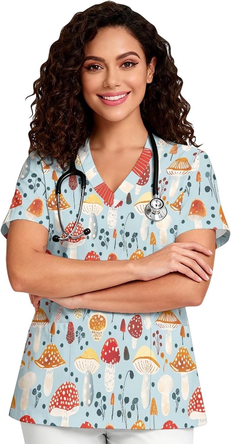 Dellukee Women's Scrub Top Medical Nursing Shirts with Pockets Soft Lightweight Work Tops, Short Sleeve, V-Neck, S-5XL -