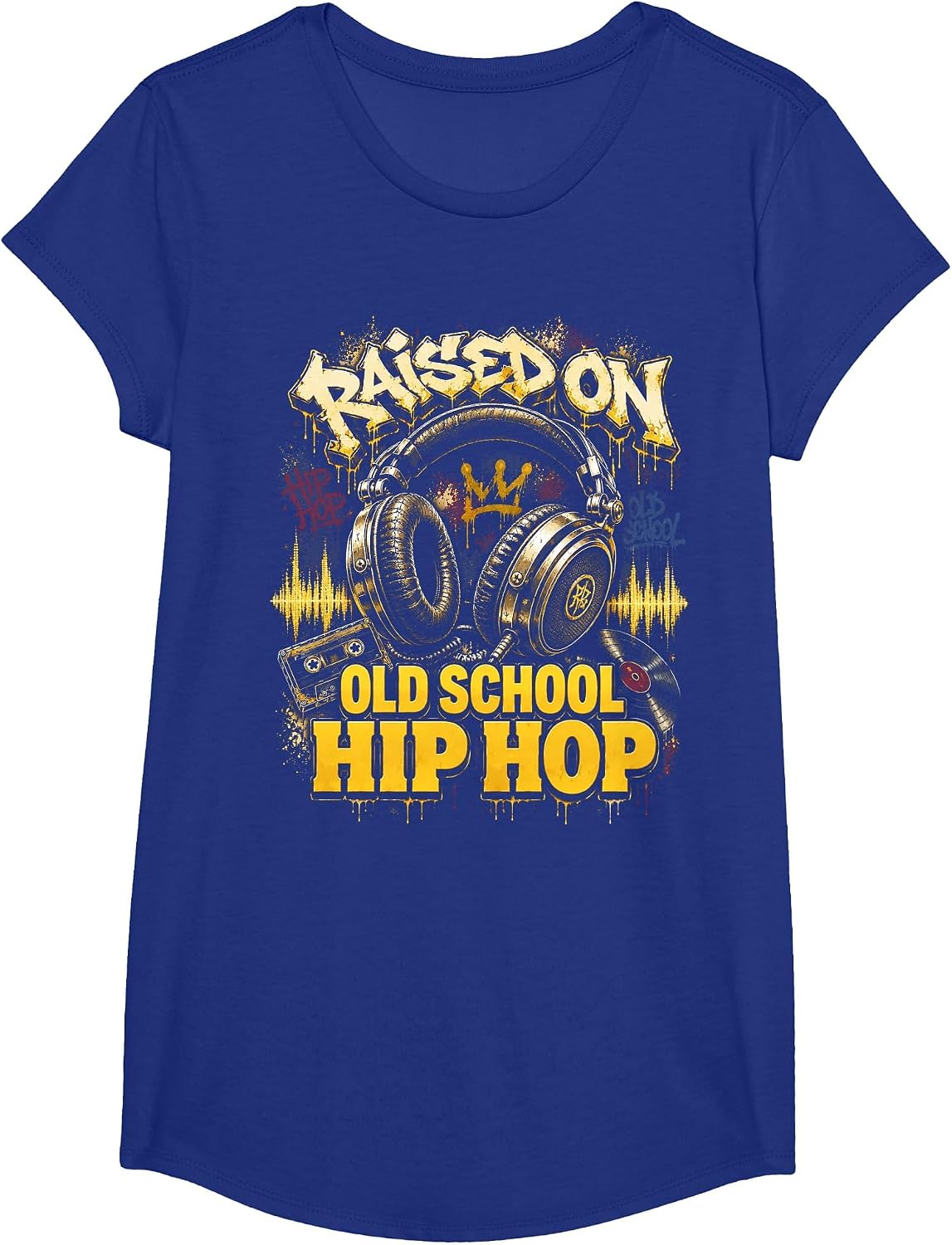 Raised On Old School Hip Hop Cassette Graffiti Rap T-Shirt, Girls, Royal Blue, Large - As Pictured