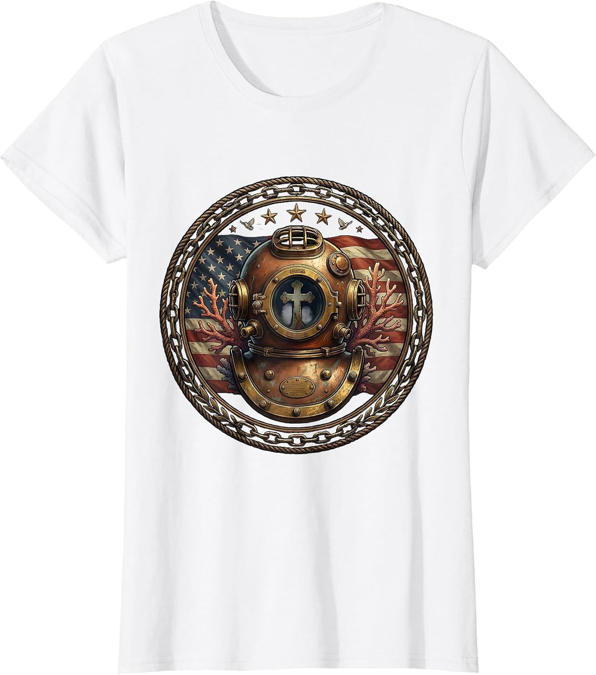 Red White and Blue Diving Helmet Coral Stars T-Shirt - White