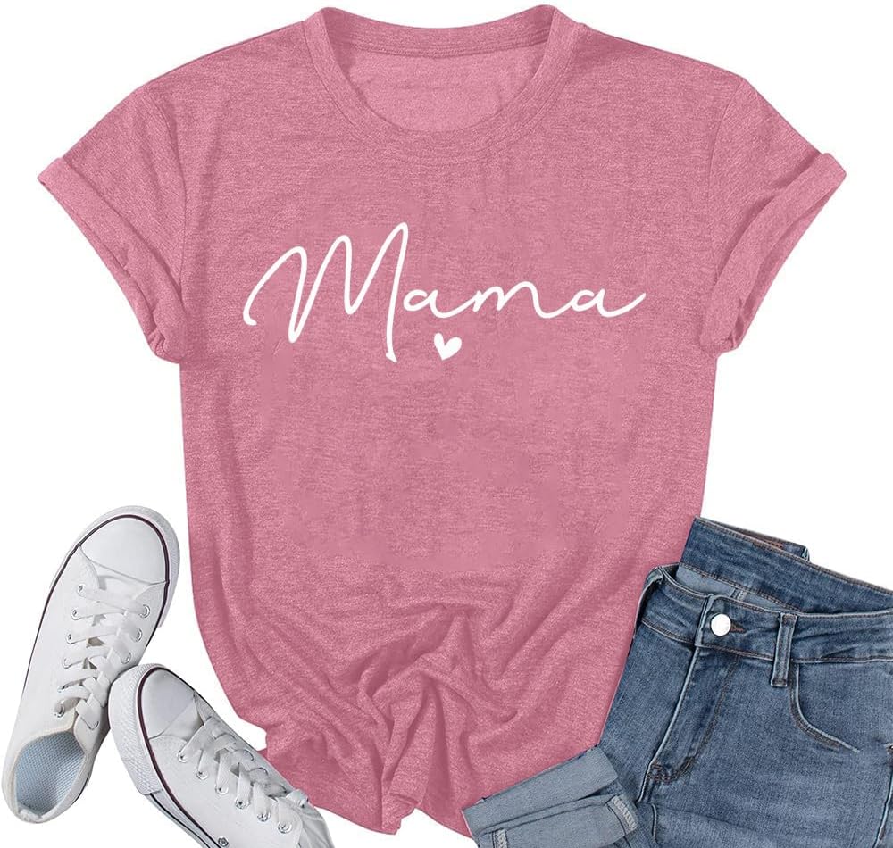 Mama Shirt for Women Mama Letter Print T-Shirt Funny Mom Life Tops Tee - Pink