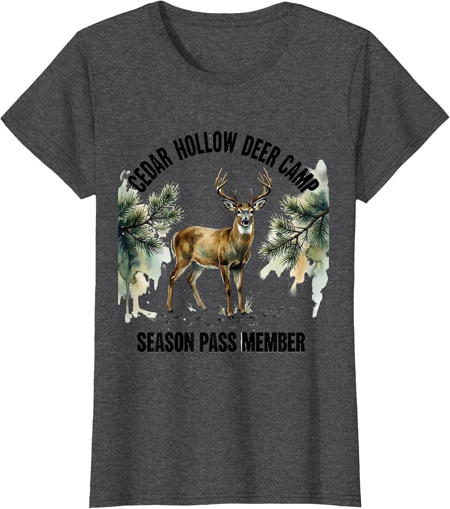 Women's Cedar Hollow Deer Camp Season Pass Member Hunter Dad T-Shirt - Dark Heather Grey