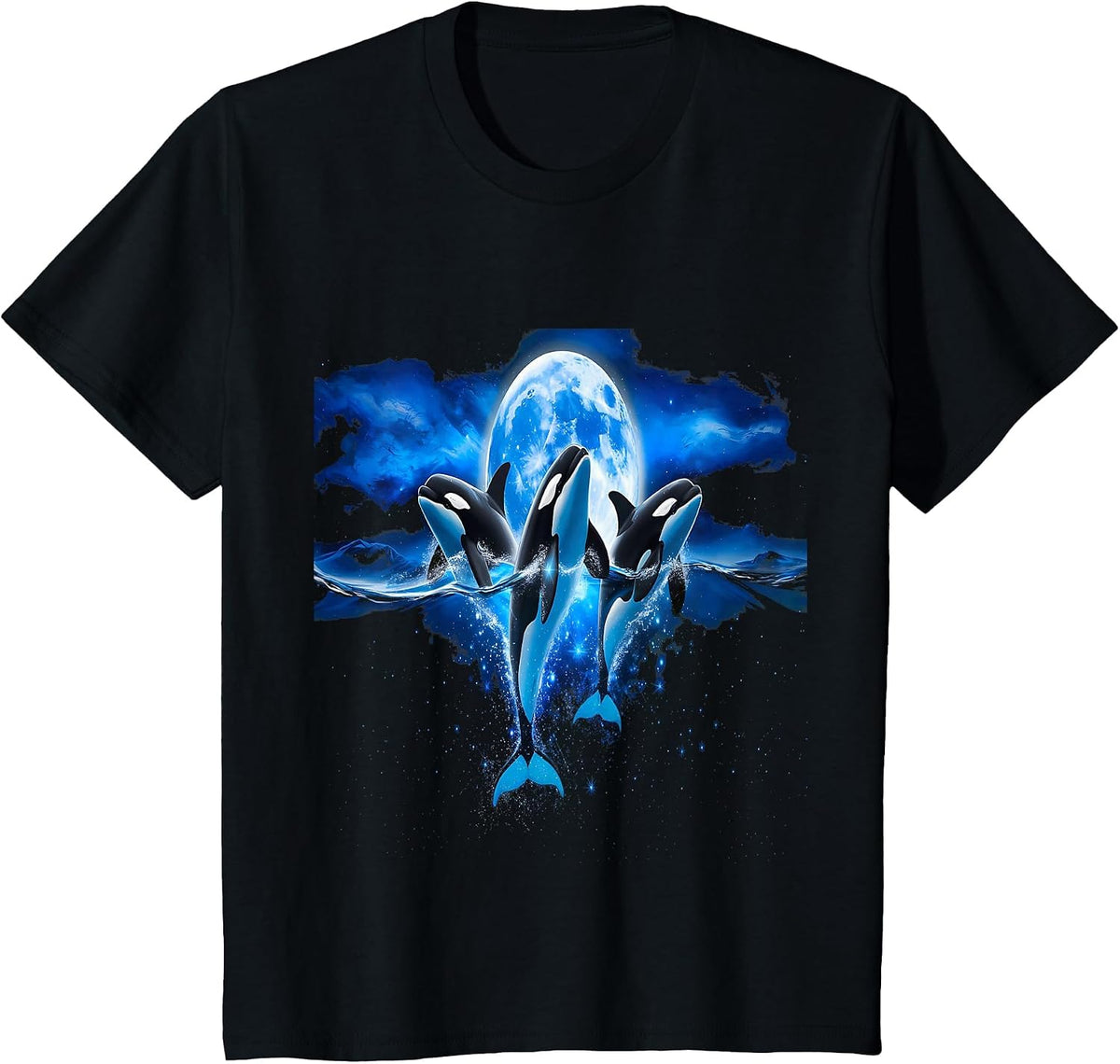 Retro Three Orcas Moonlit Sea Marine Wildlife Aesthetic Orca T-Shirt - Black