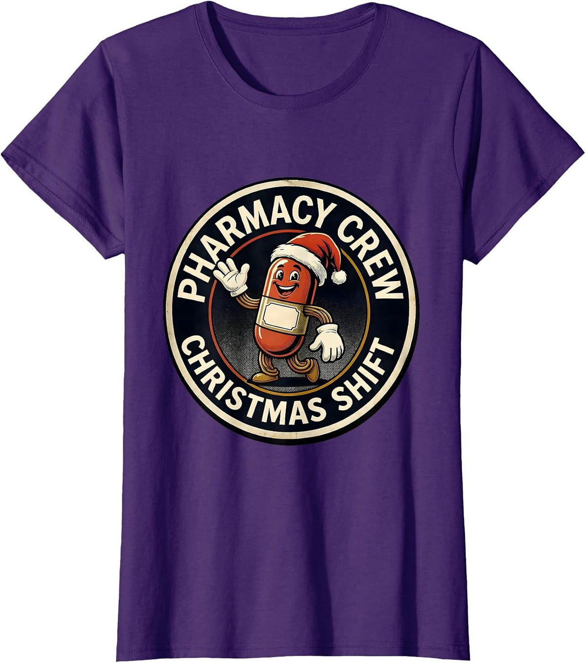 Women's Pharmacy Crew Christmas Shift Retro Cartoon Pharmacist Tech T-Shirt - Purple