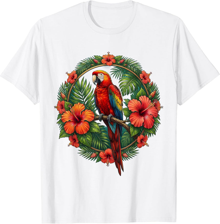 Colorful Parrot on Hibiscus Branch Hawaiian Design T-Shirt - White