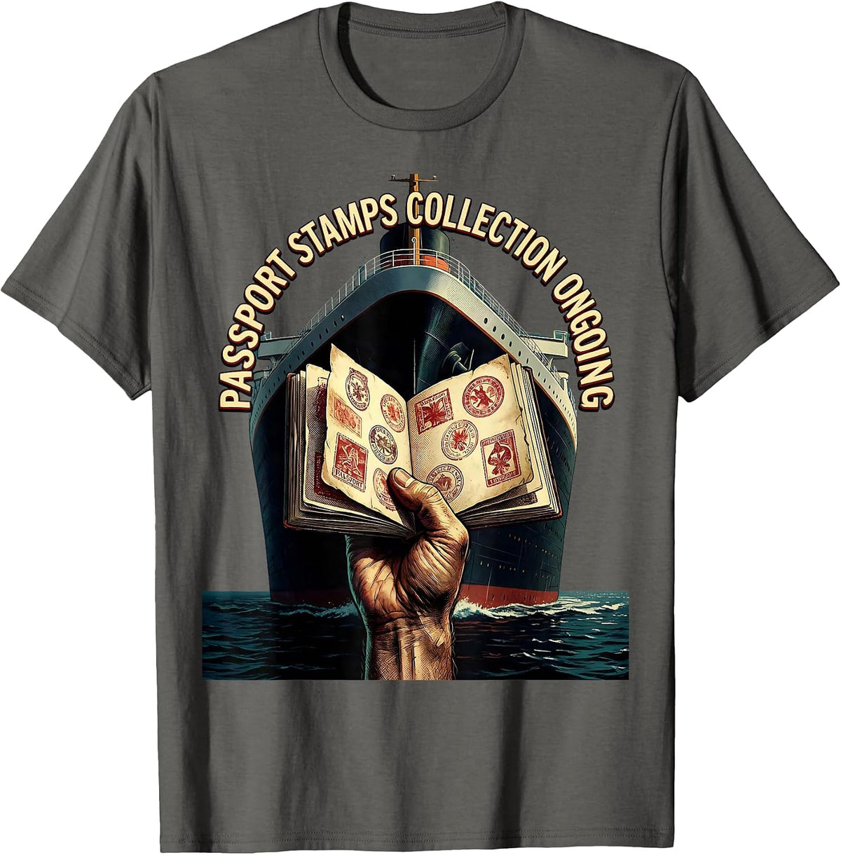 Passport Stamps Collection Ongoing Cruise Design T-Shirt - Asphalt Grey