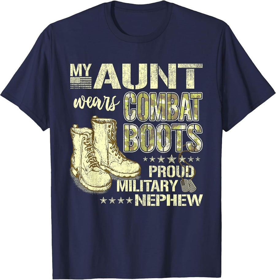 My Aunt Wears Combat Boots Dog Tags - Proud Military Nephew T-Shirt - Navy Blue