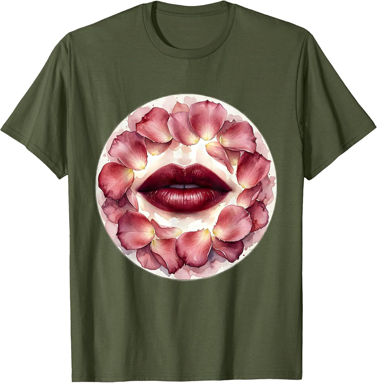 Men's Gigi Bold Red Lips and Rose Petals Graphic T-Shirt - Olive Green