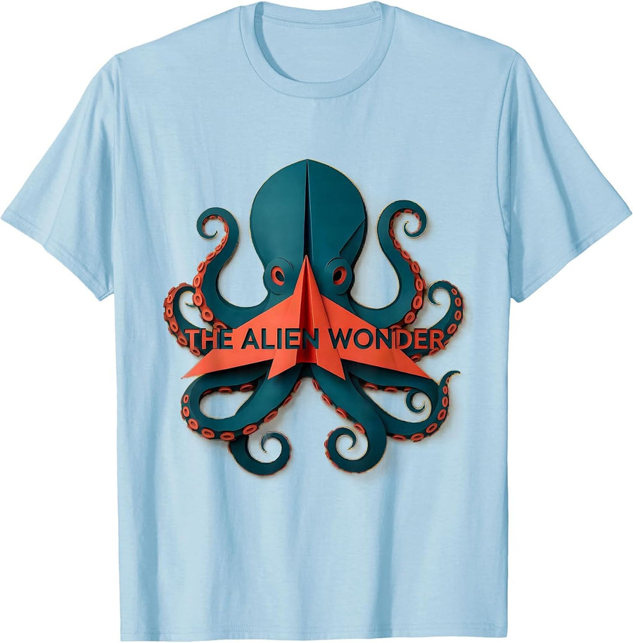 Men's The Alien Wonder Paper Cutout Octopus Sea Creature Ocean T-Shirt - Baby Blue