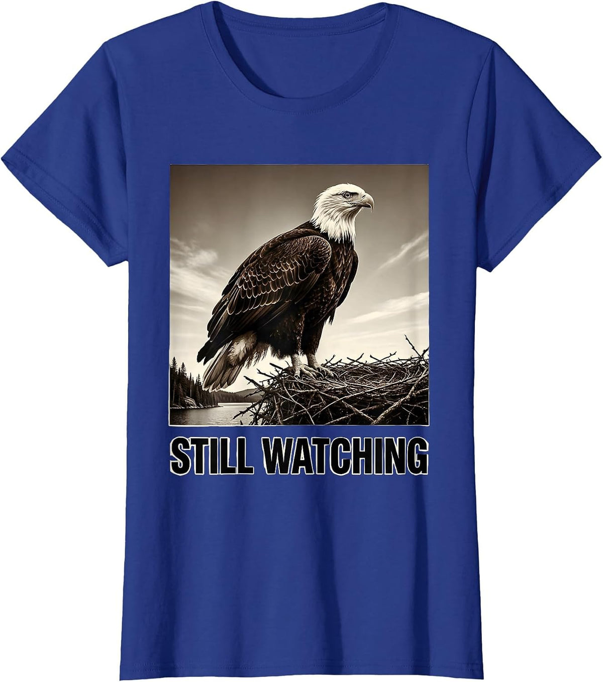 Women's Still Watching Monochromatic Bald Eagle Memorial Big Bear T-Shirt - Royal Blue
