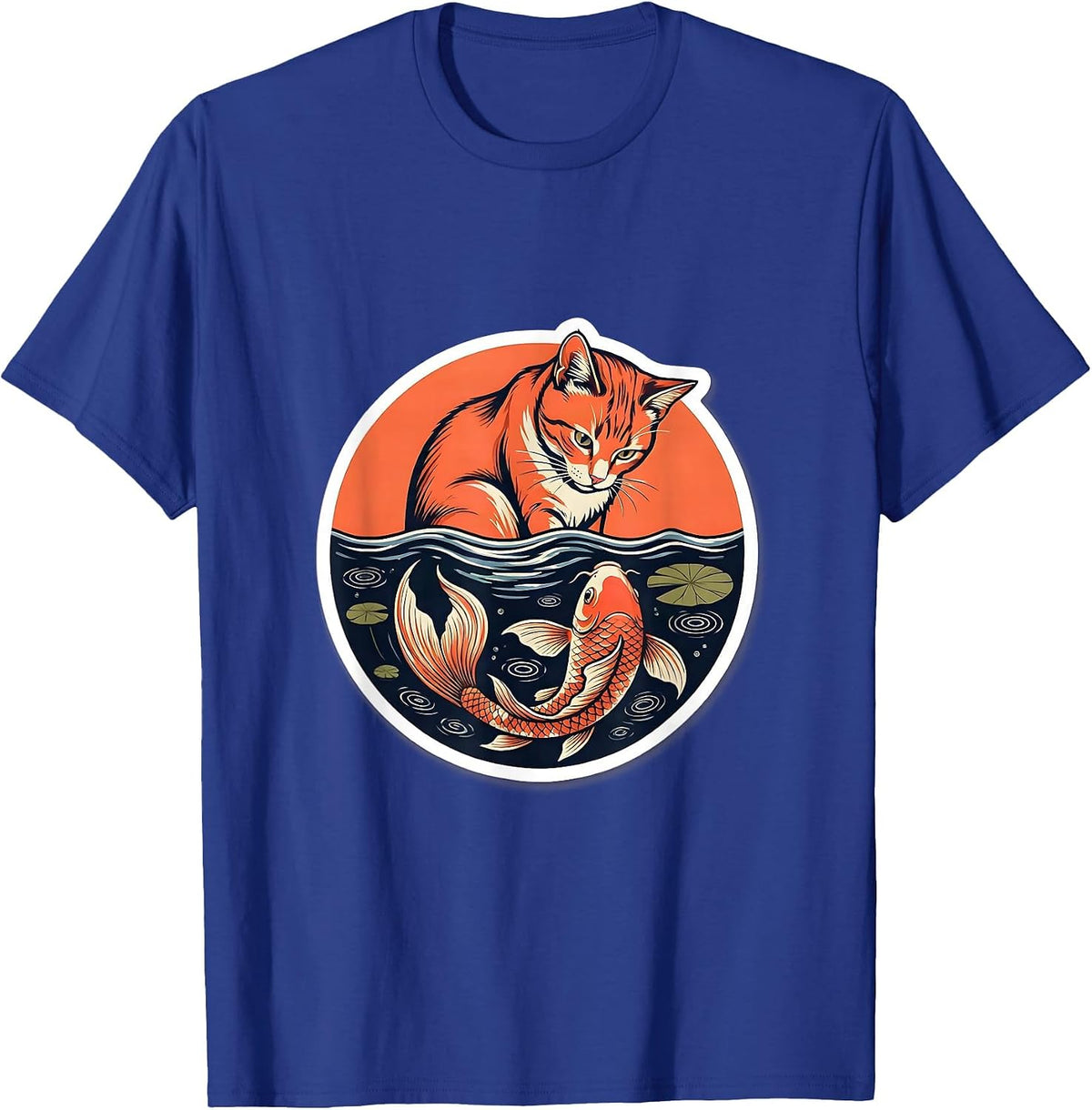 Cat and Koi Fish Pond Reflection Graphic T-Shirt - Royal Blue