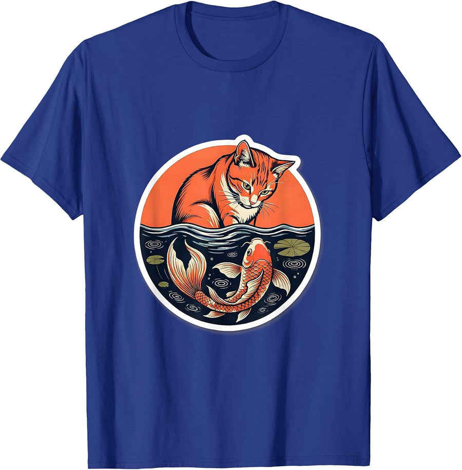 Cat and Koi Fish Pond Reflection Graphic T-Shirt - Royal Blue