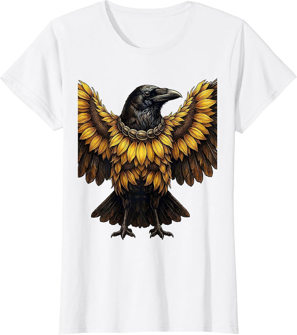 Crow with Sunflower Petal Feathers Illustration T-Shirt - White