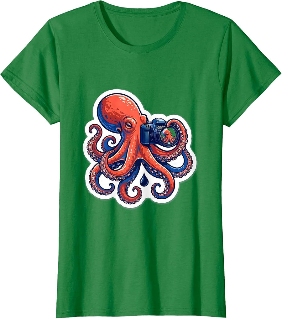 Women's Octopus Photographer Sticker Style Marine Biology Humor T-Shirt - Kelly Green