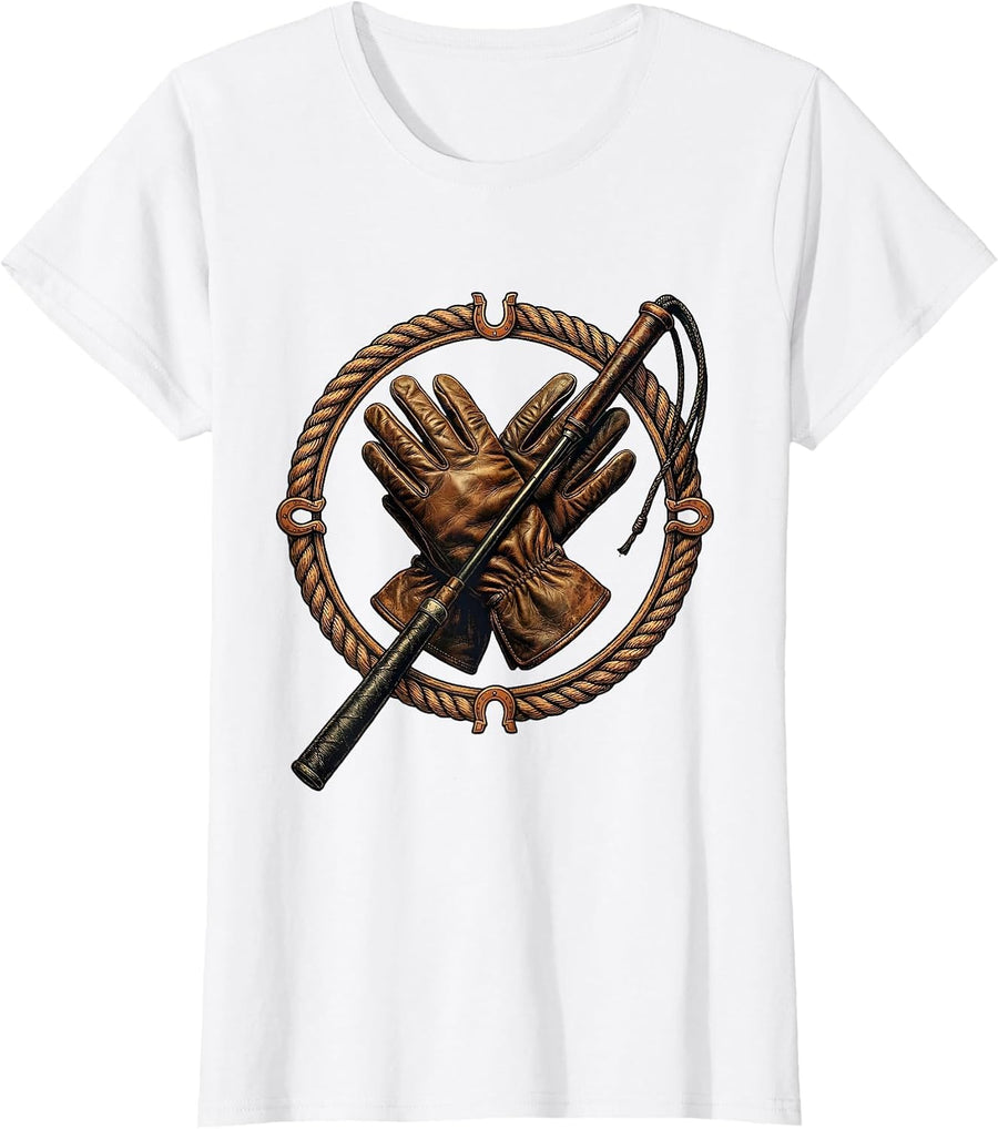 Women's Riding Gloves and Crop Horse Girl Graphic T-Shirt - White