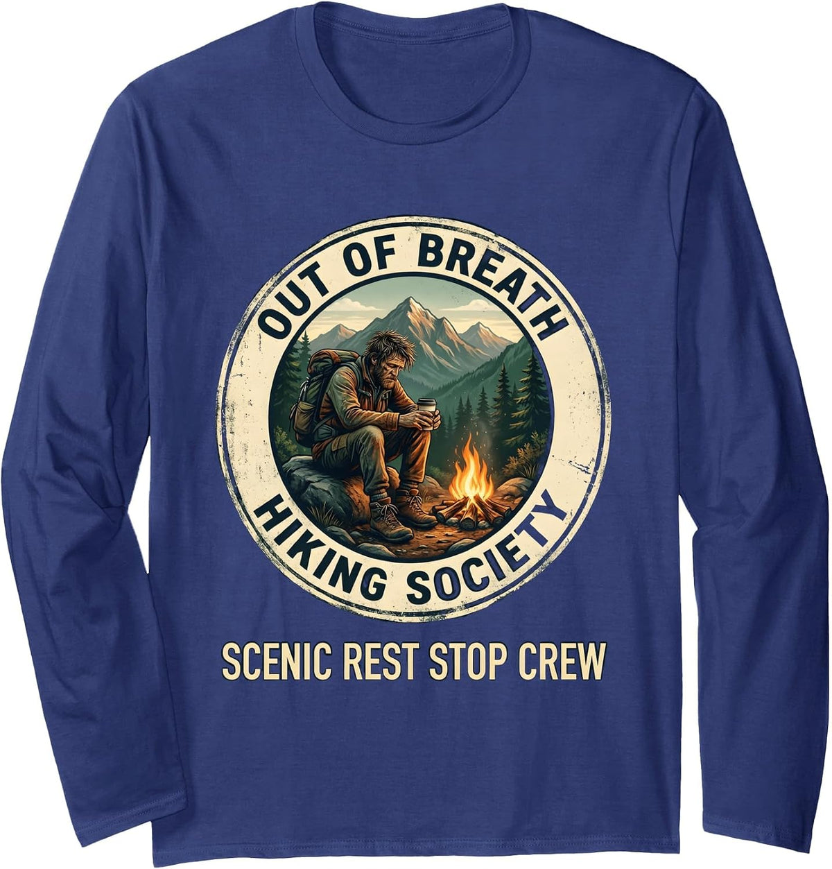 Out Of Breath Hiking Society Scenic Rest Stop Crew Long Sleeve T-Shirt - Adult Unisex Navy Blue