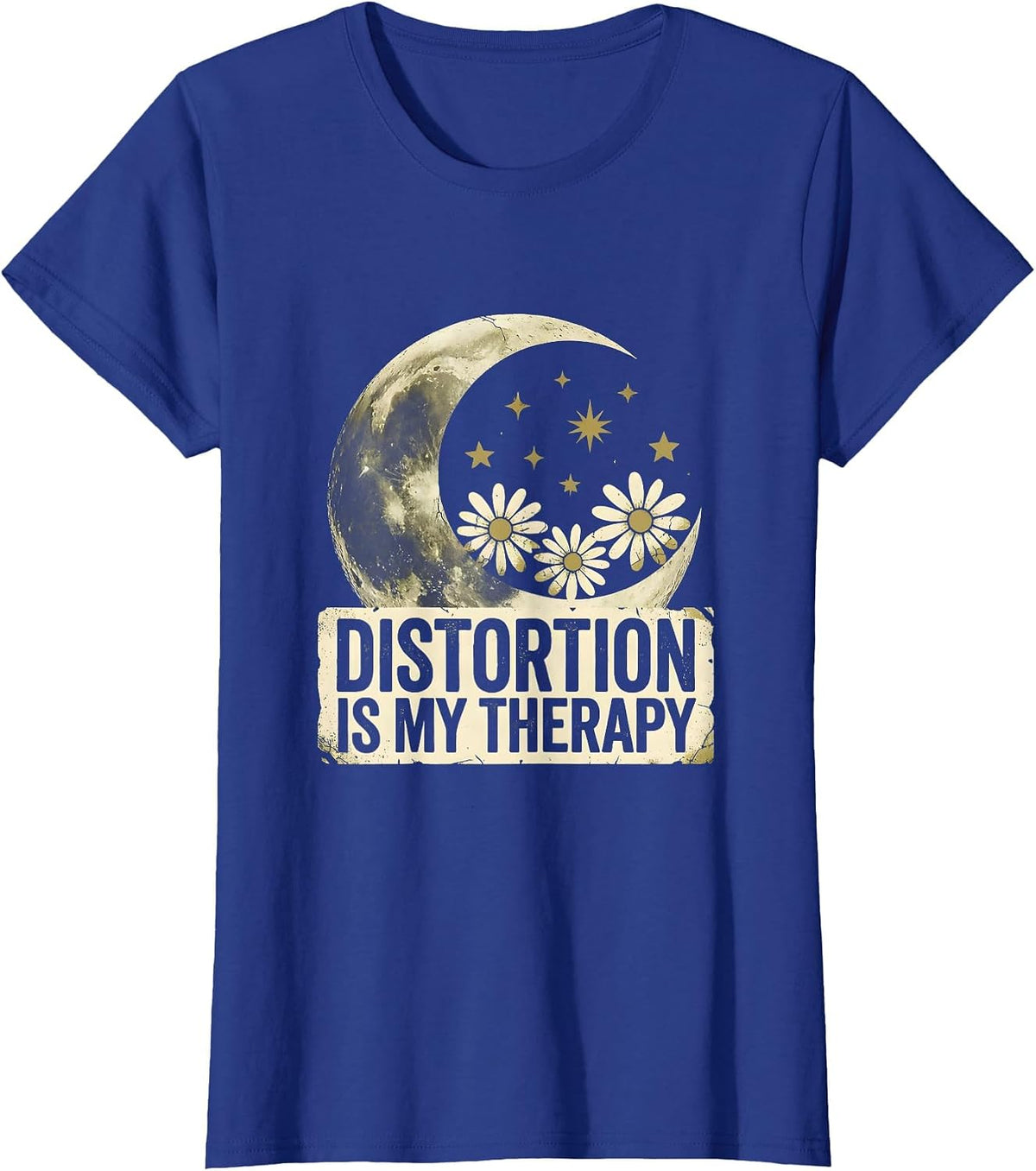 Women's Distortion Is My Therapy 80s Rock Band Design T-Shirt - Royal Blue